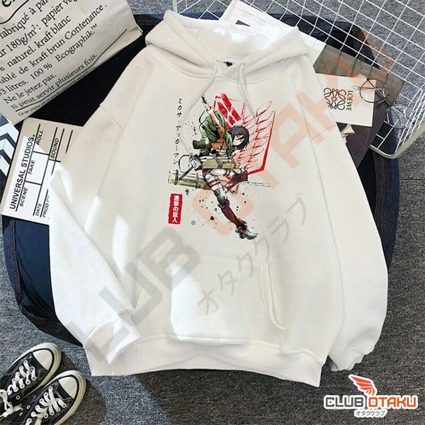 Vêtement l'attaque des titans - hoodie sweatshirt mikasa - blanc