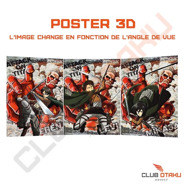 Poster 3D - L'Attaque des Titans - Eren - Levi - Mikasa -29,5 x 35,5cm