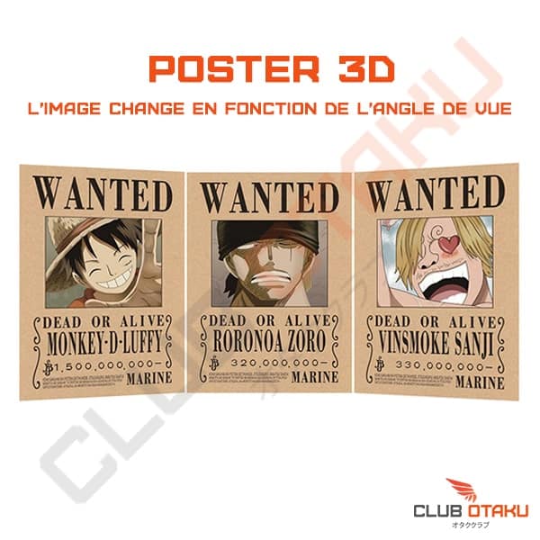 Poster 3D - One Piece - Poster Wanted - Luffy - Zoro - Sanji -29,5 x 35,5cm
