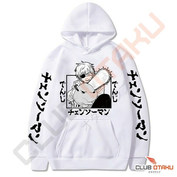 hoodie sweatshirt chainsaw man - denji et pochita - blanc